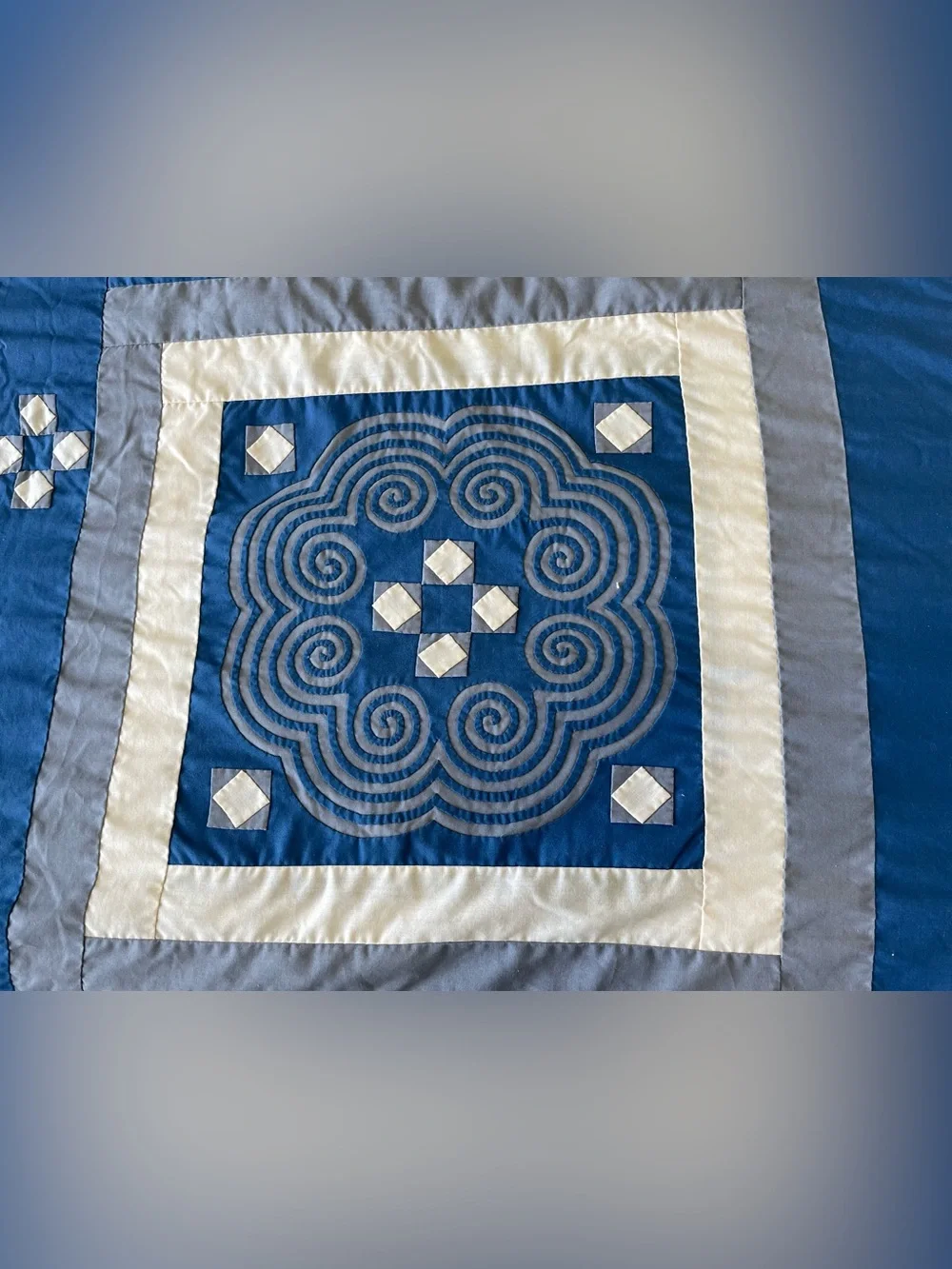 Vintage Hmong Paj Ntaub Applique Bedspread Blue White Spiral Textile 89x105”